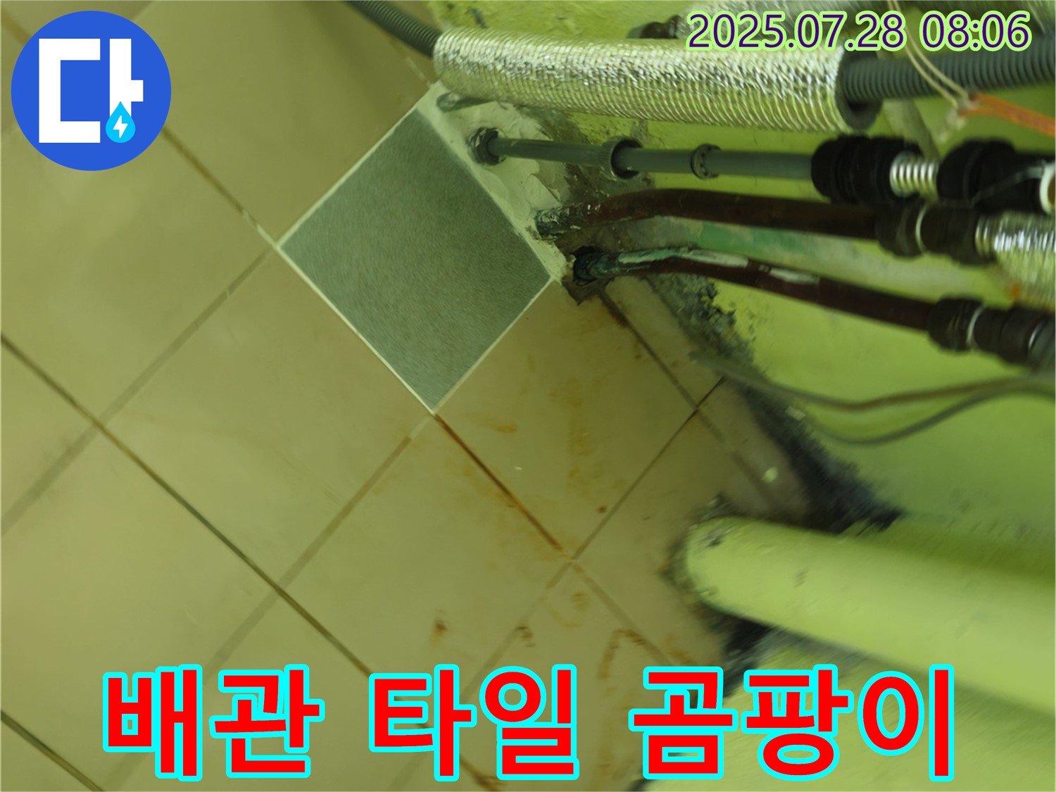 남양주 화도 창현 두산아파트 누수 - 배관 연결부에서 누수가 발생하여 타일 변색 및 곰팡이 발생의 원인이 되고 있습니다.