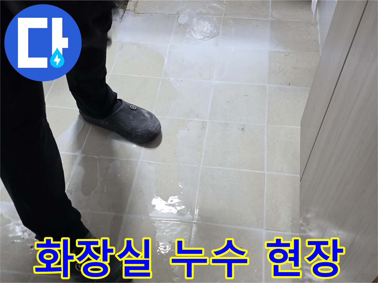 고양시 덕양구에서 발생한 화장실 누수 현장 - 바닥 타일 틈새로 물이 새는 모습