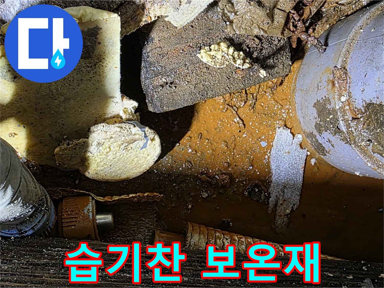 용인 처인구 원삼면 누수 현장 - 습기찬 보온재와 낡은 배관 - 초기 누수 증상일 수 있습니다.