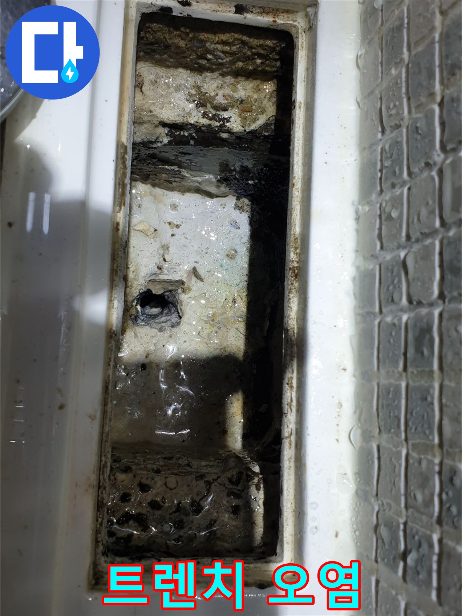 심하게 오염된 욕실 트렌치 배수구 - 곰팡이와 찌든 때로 막혀 있습니다.