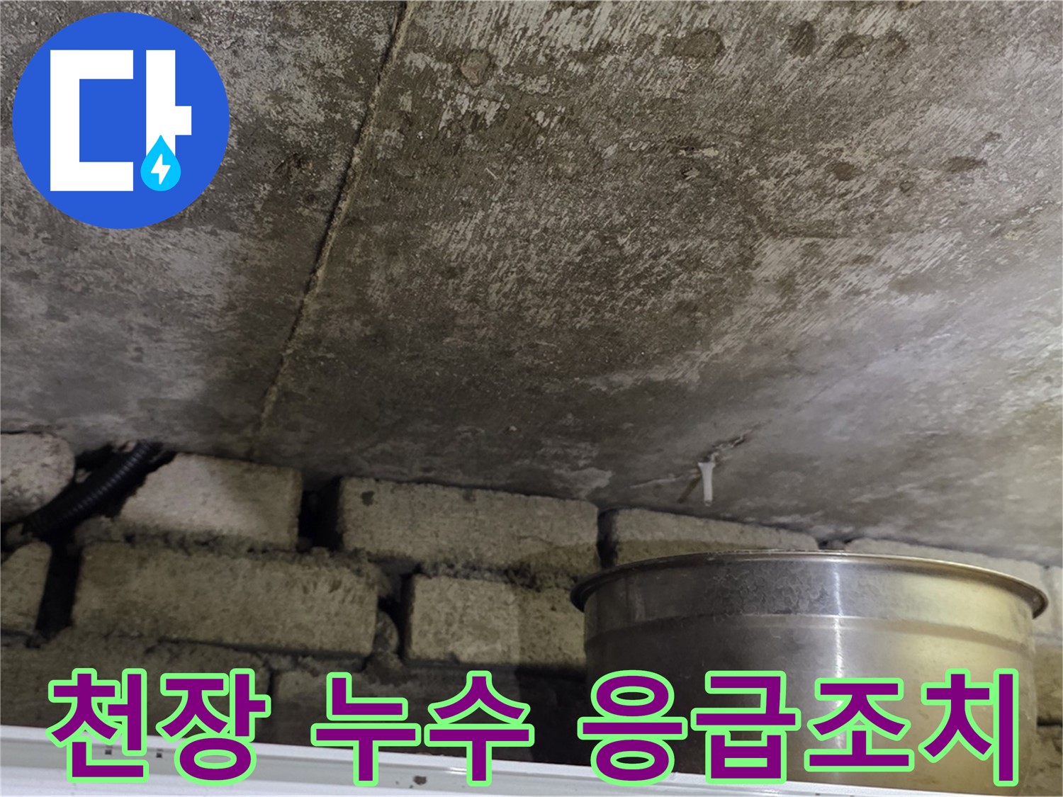 원일아파트 천장 누수 - 물이 떨어지는 곳에 양동이를 받쳐놓은 응급조치 모습.