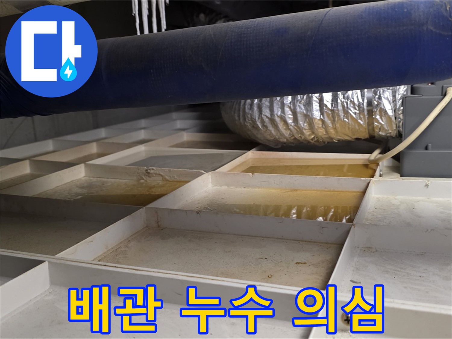 건물 하부 배관 누수 의심 - 배관 주변에 물이 고여 있는 모습
