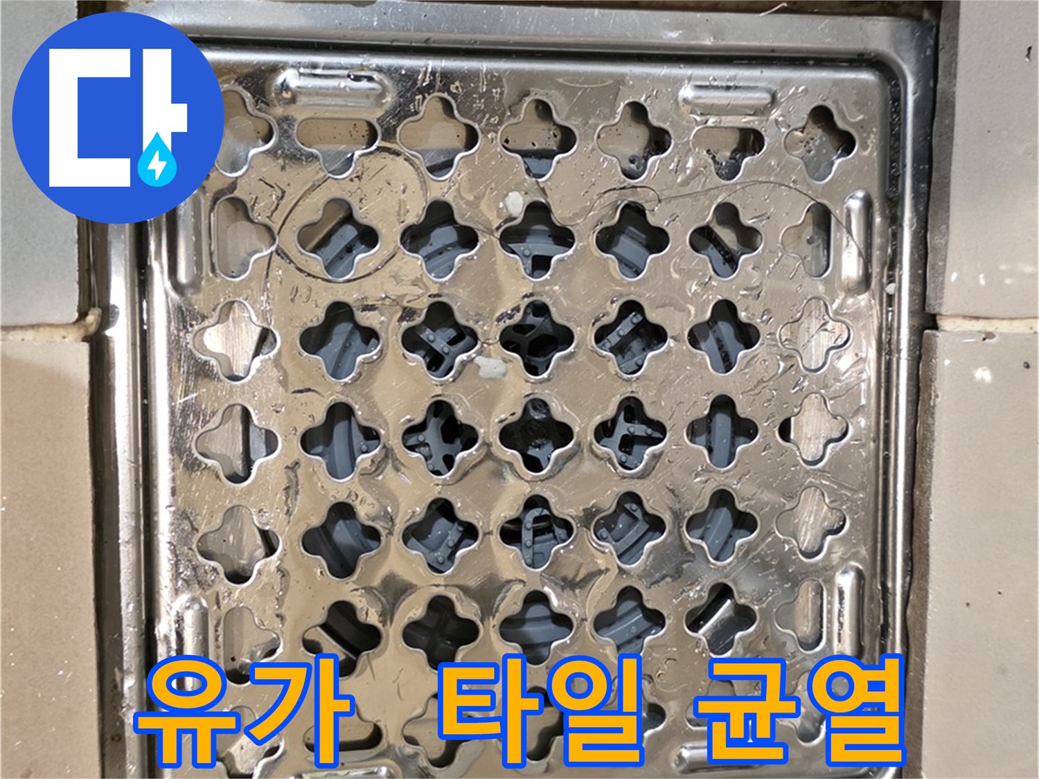 상가 천장 누수 - 2층 화장실 배수구 주변 방수 불량, 타일 균열 및 메지 손상