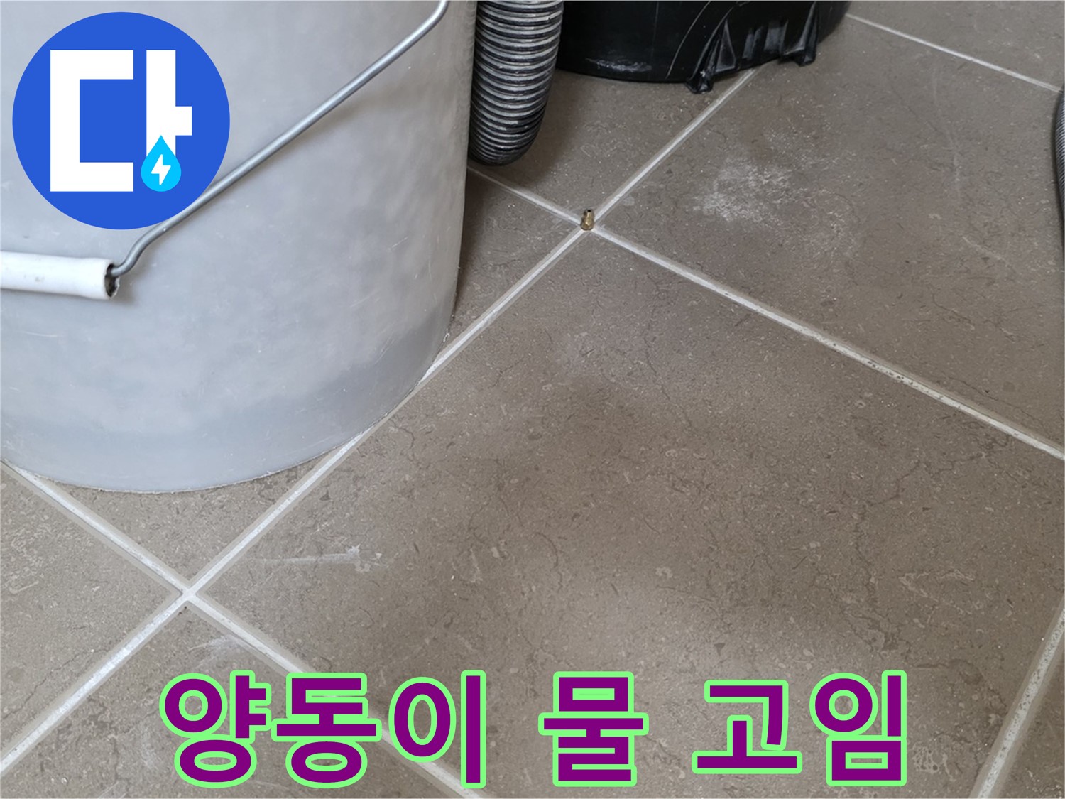 양동이에 물이 고여 있는 모습 - 누수 발생 가능성이 높습니다.