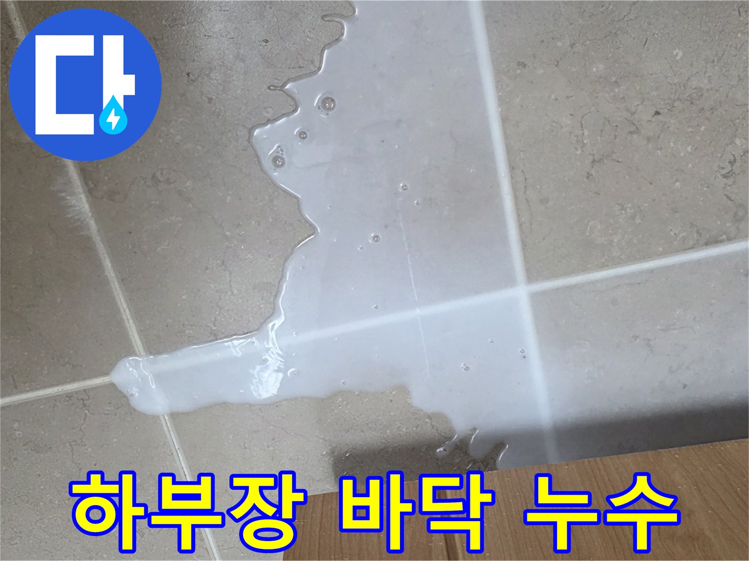 포천 일동 기산베스트빌 아파트 하부장 누수 - 바닥 장판 위로 물이 퍼져나간 모습입니다.