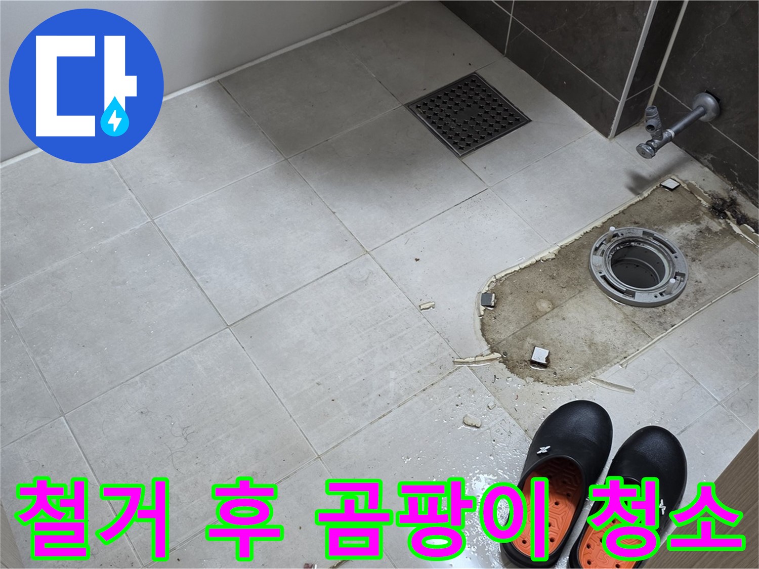 양주 옥정동 율정마을 아파트 변기 누수 - 철거 후 바닥의 곰팡이를 제거하고 청소 작업을 진행합니다.