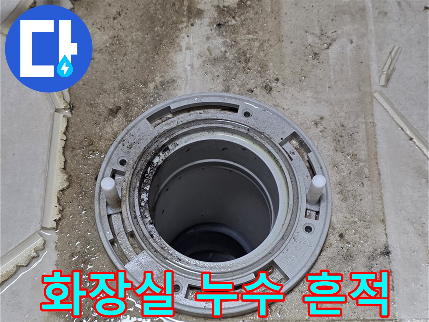 화장실 변기 주변 타일의 누수 흔적 - 곰팡이와 물 자국이 심각한 상태를 보여줍니다.