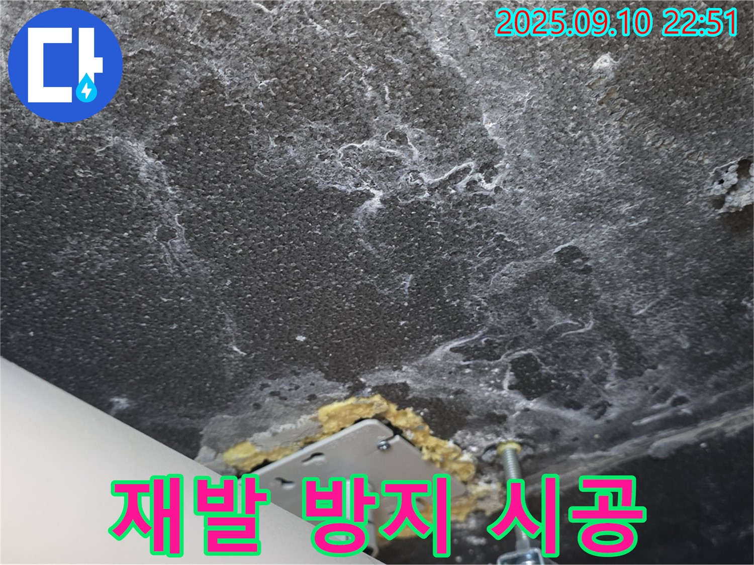 누수 해결 후 석회 멈춤과 곰팡이 제거 작업을 진행 중인 천장 사진 - 재발 방지를 위해 최선을 다하겠습니다.