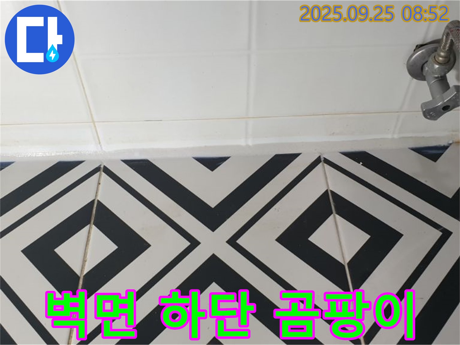 양주시 백석읍 오산리 욕실 누수 - 벽면 하단 타일에 곰팡이 흔적이 남아있는 모습으로 과거 누수를 의심하고 있습니다.