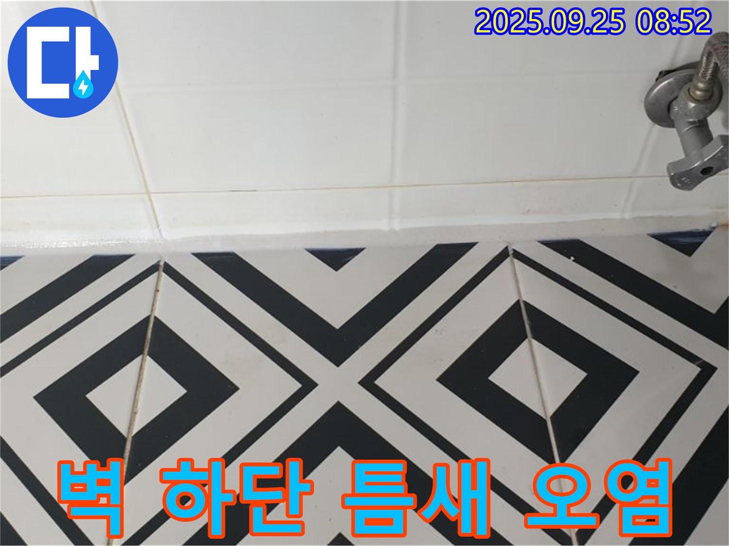양주시 백석읍 오산리 욕실 - 벽 하단 타일 틈새의 오염 상태를 통해 누수 진행 상황을 파악하고 있습니다.