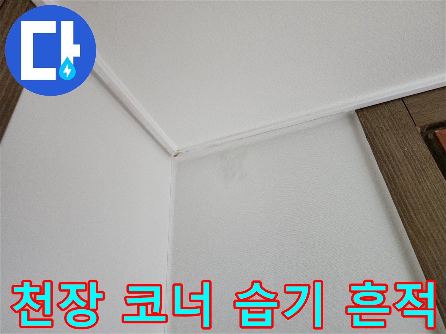 흰색 천장과 벽면의 경계에 나타난 누수 변색 부위