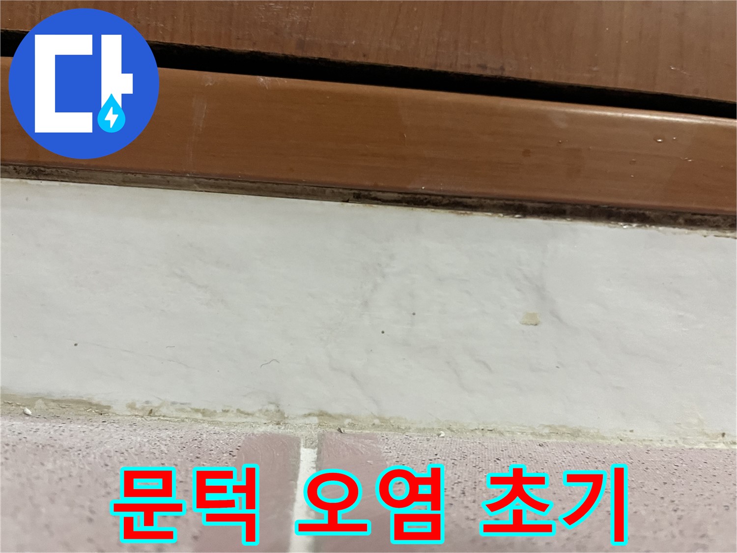 형제맨션빌 누수 - 문턱 아래 타일 틈새 곰팡이와 백시멘트 오염 초기