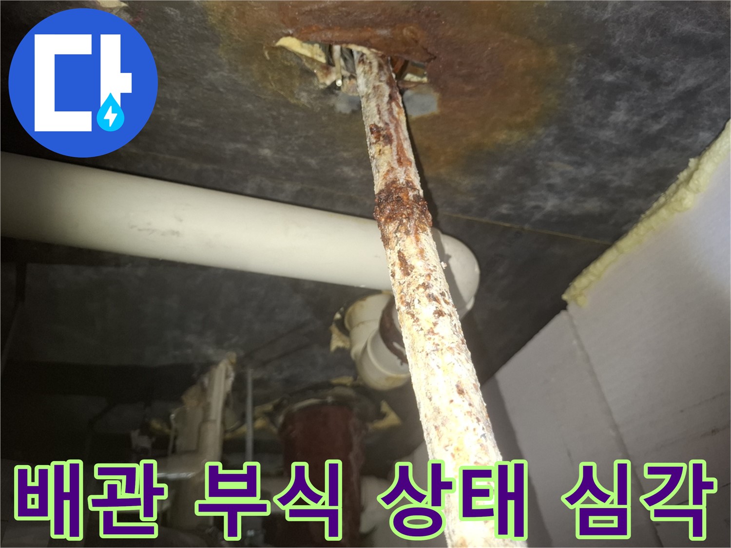 수원 신풍동 누수 현장에서 배관 부식 상태가 심각함을 보여줍니다 - 부식된 배관은 누수의 주요 원인입니다.