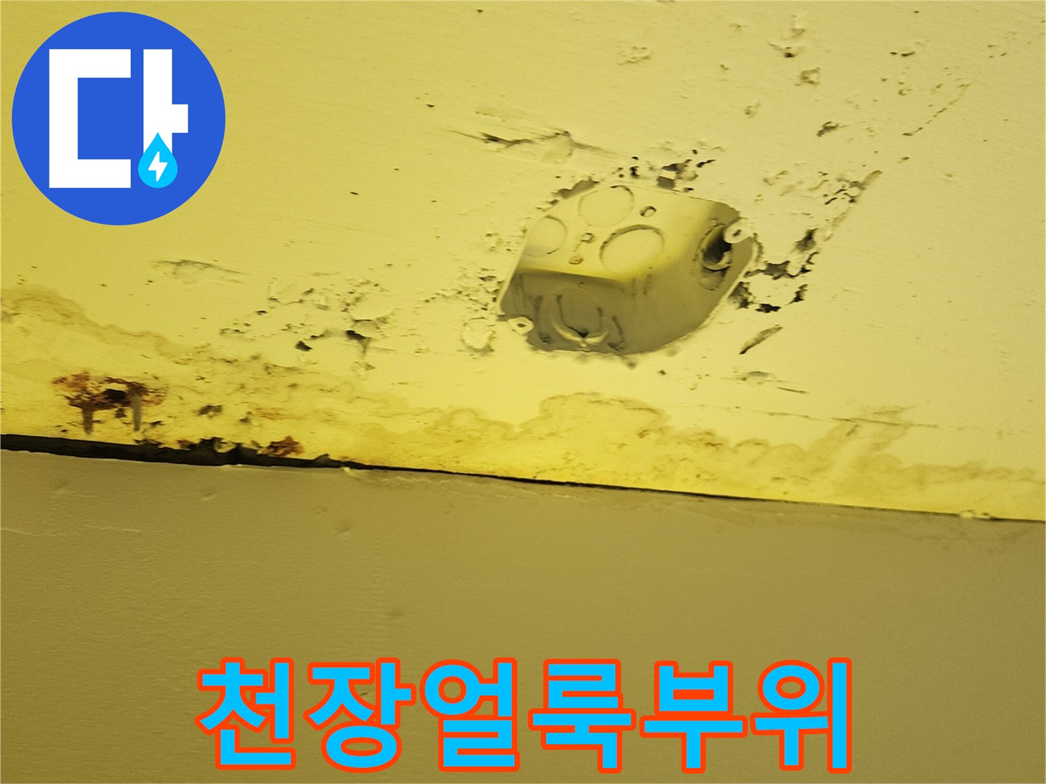 상가 천장 구조물 주변의 젖은 흔적과 변색된 마감재 상태