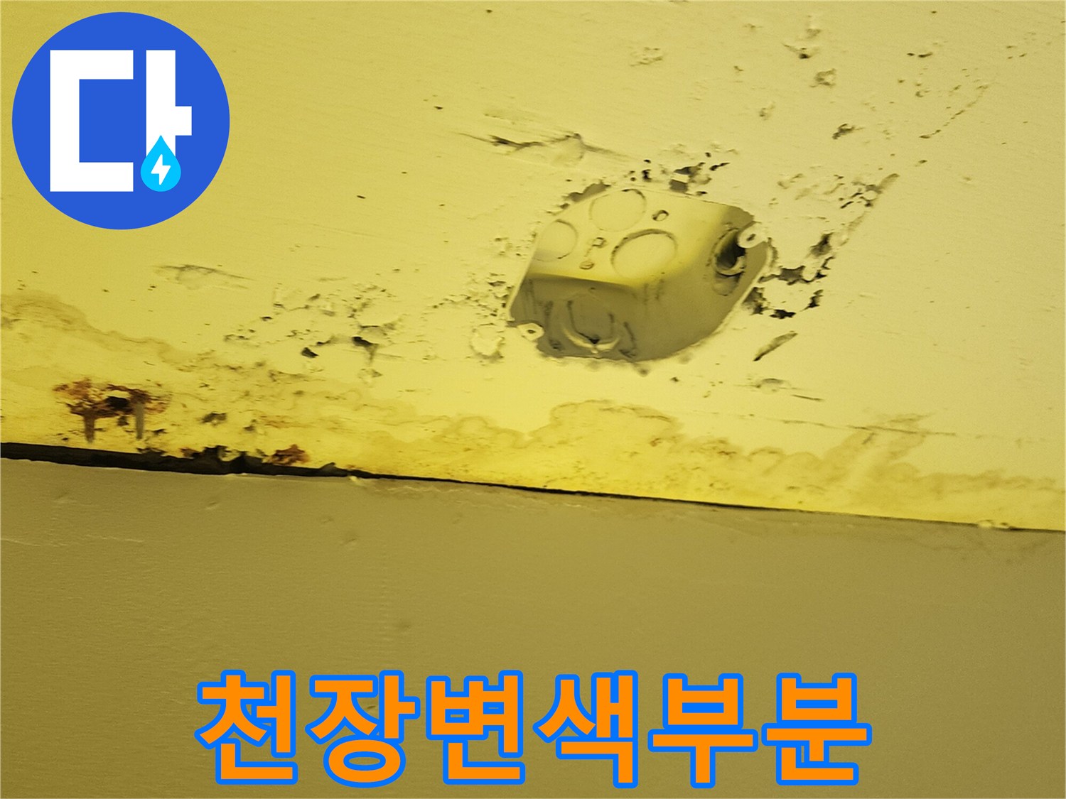 습기로 인해 변색된 노란색 천장 마감재 부위