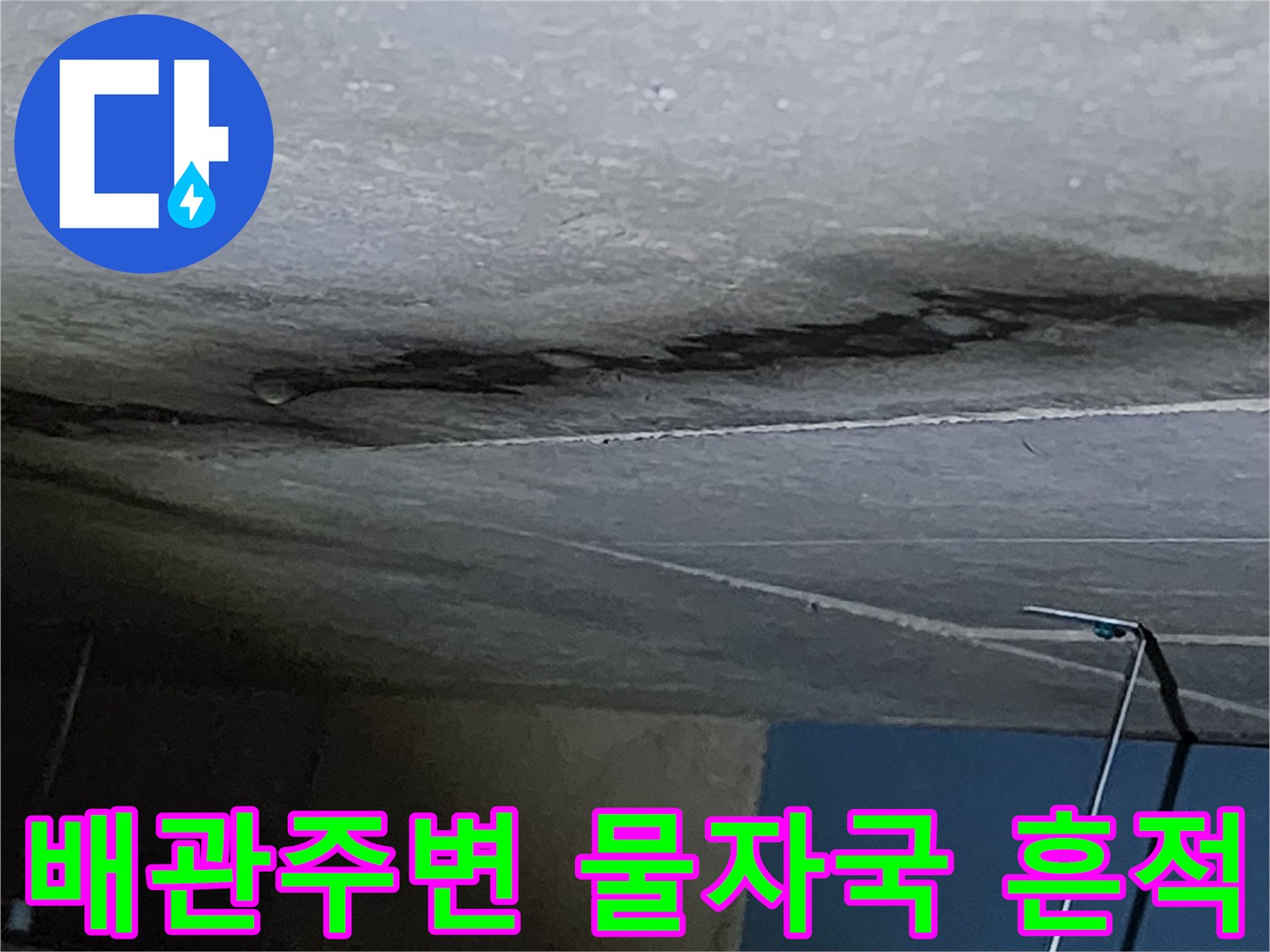 배관 연결 부위 주변에 발생한 검은색 곰팡이와 물샘 흔적 이미지