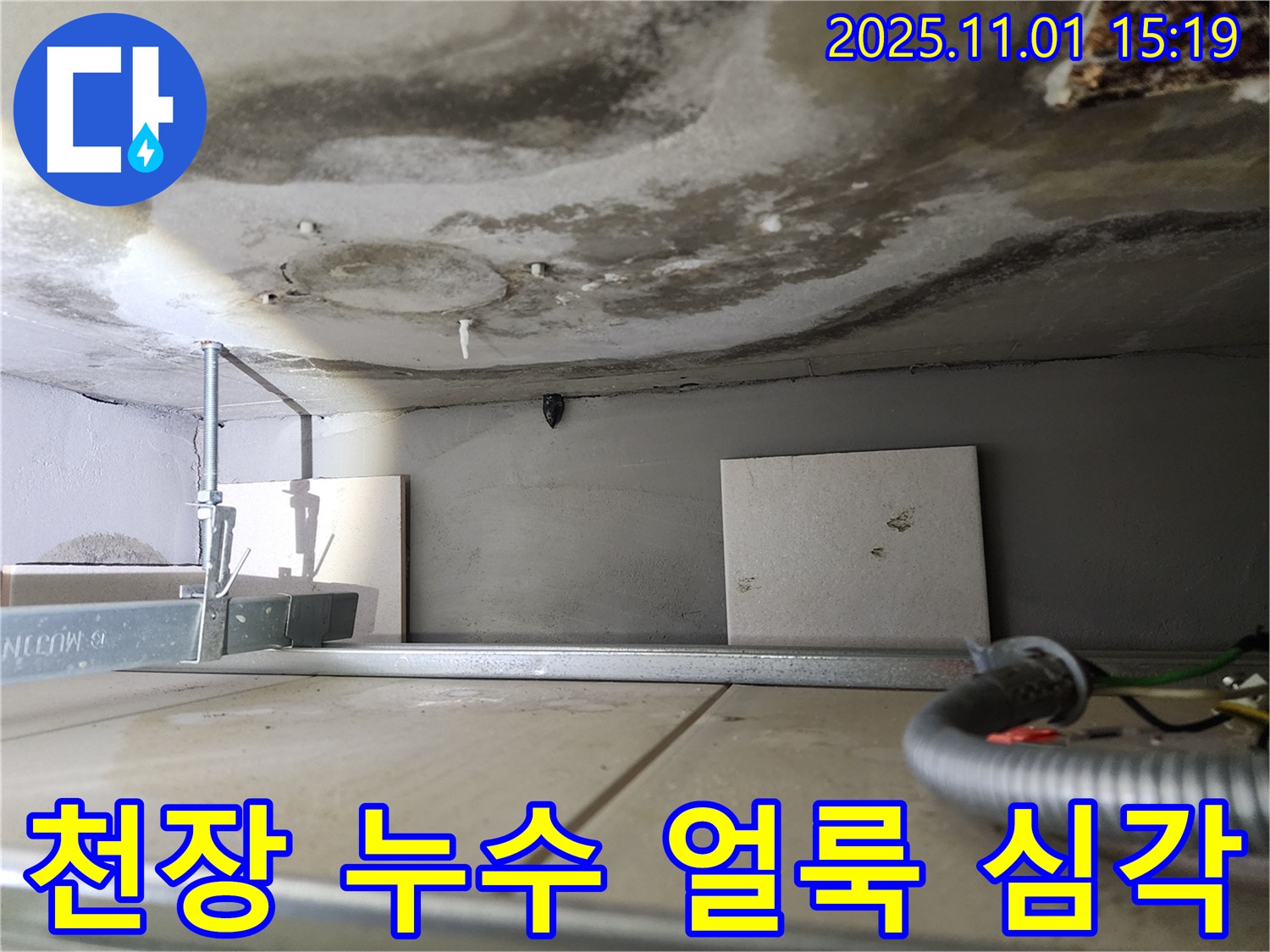 신금호파크자이 아파트 천장 누수 - 얼룩이 심각한 상태 - 빠른 누수 탐지 및 보수 필요