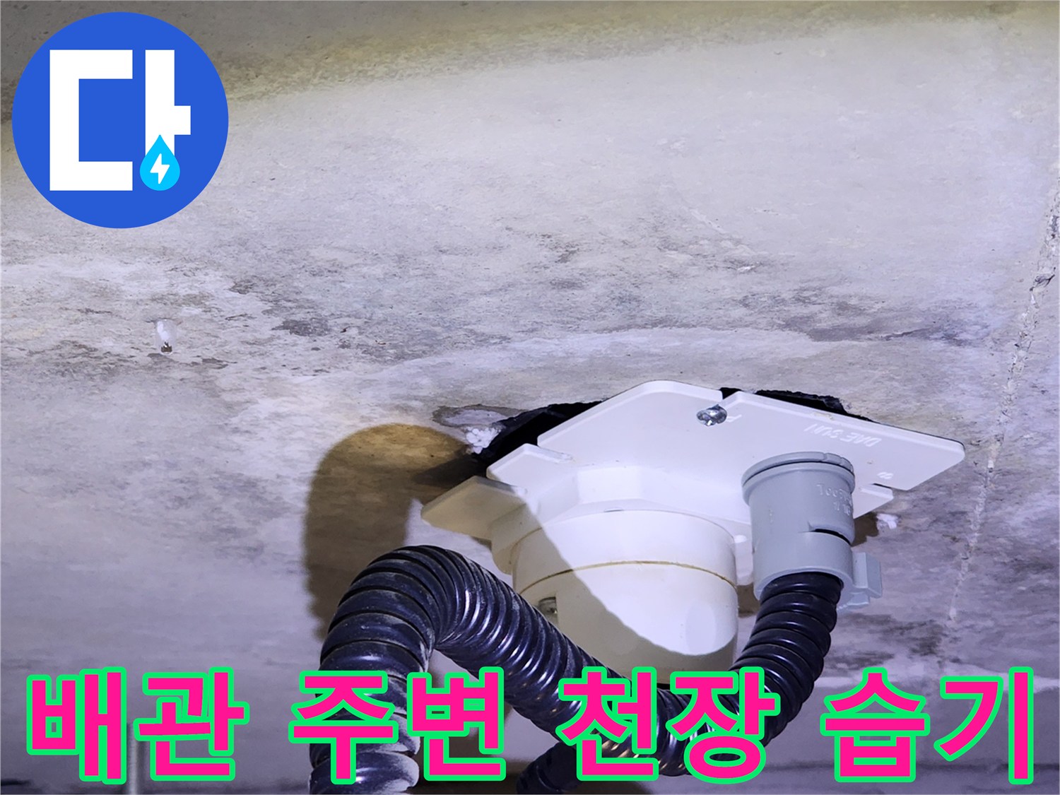 콘크리트 슬래브-배관 주변의 습기와 오염 상태를 보여주는 사진입니다.