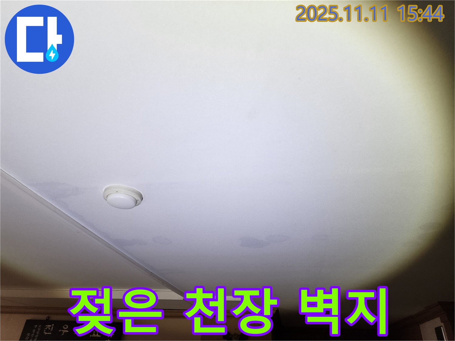 안산 원곡동 8차 푸르지오 아파트 천장 누수 - 젖은 천장 벽지의 심각한 상태