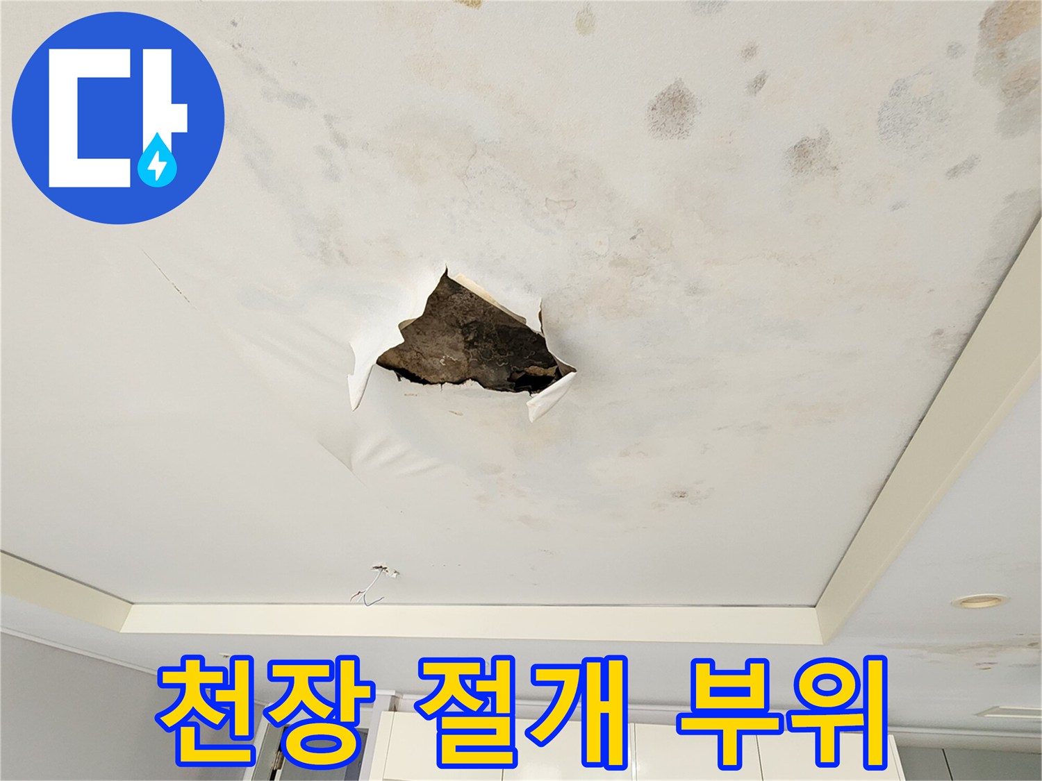 누수 지점 확인을 위해 천장 마감재를 일부 절개한 모습
