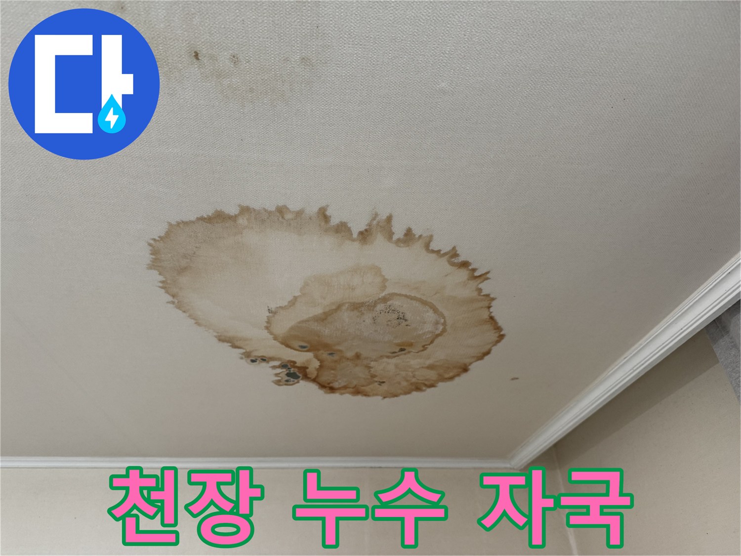세검정로에서 발생한 천장 누수 자국 - 천장에 생긴 누수 흔적과 변색된 부분을 보여주는 사진