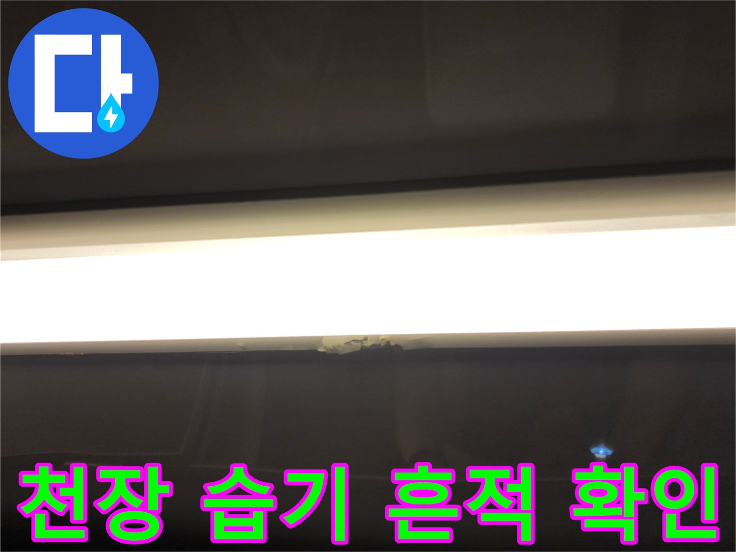 욕실 천장 조명 부근의 젖은 자국-배관 결함 진단 사진
