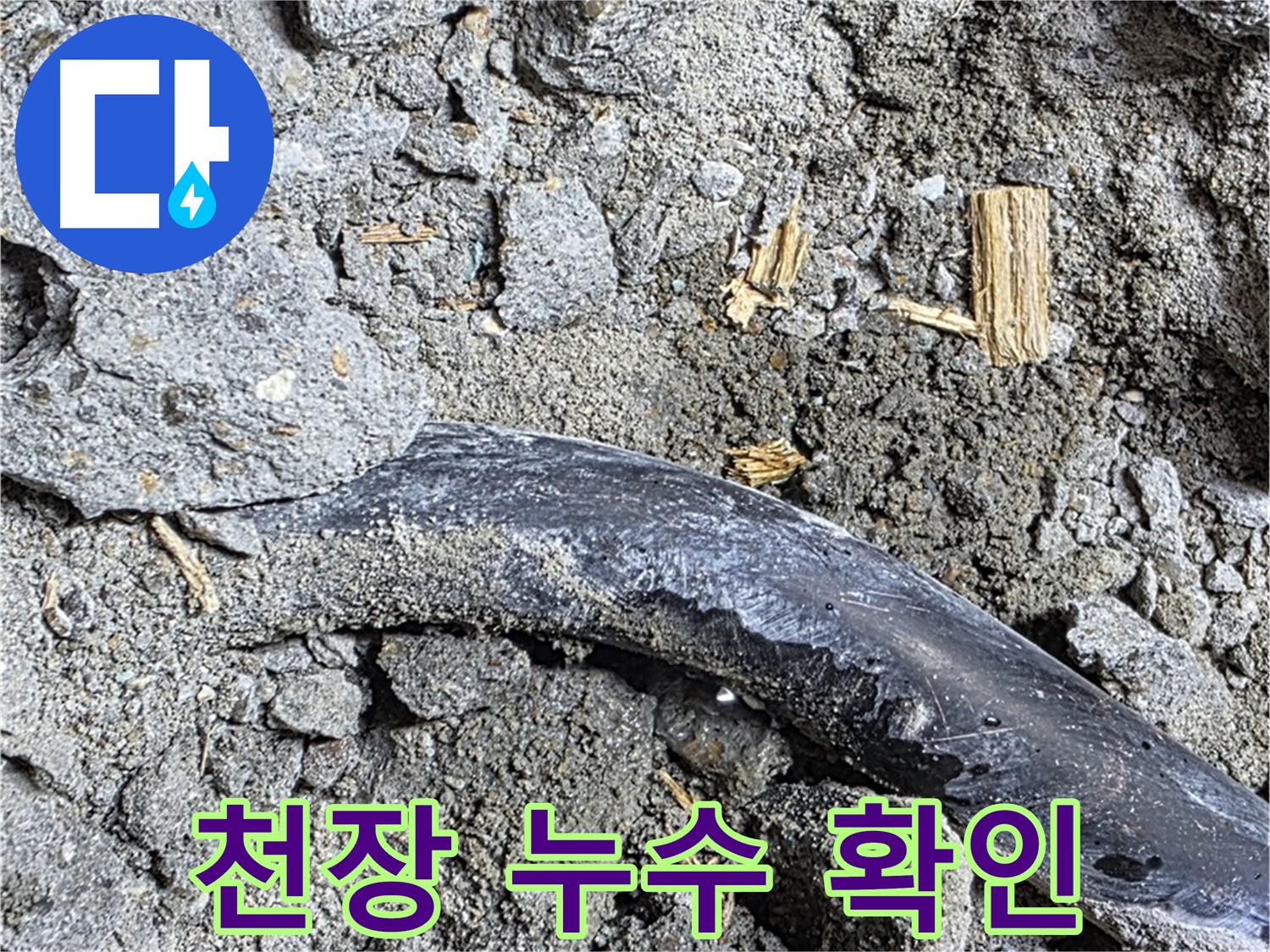 마포구 누수 현장에서 콘크리트 천장의 누수를 확인하는 모습 - 물이 떨어지고 있습니다.