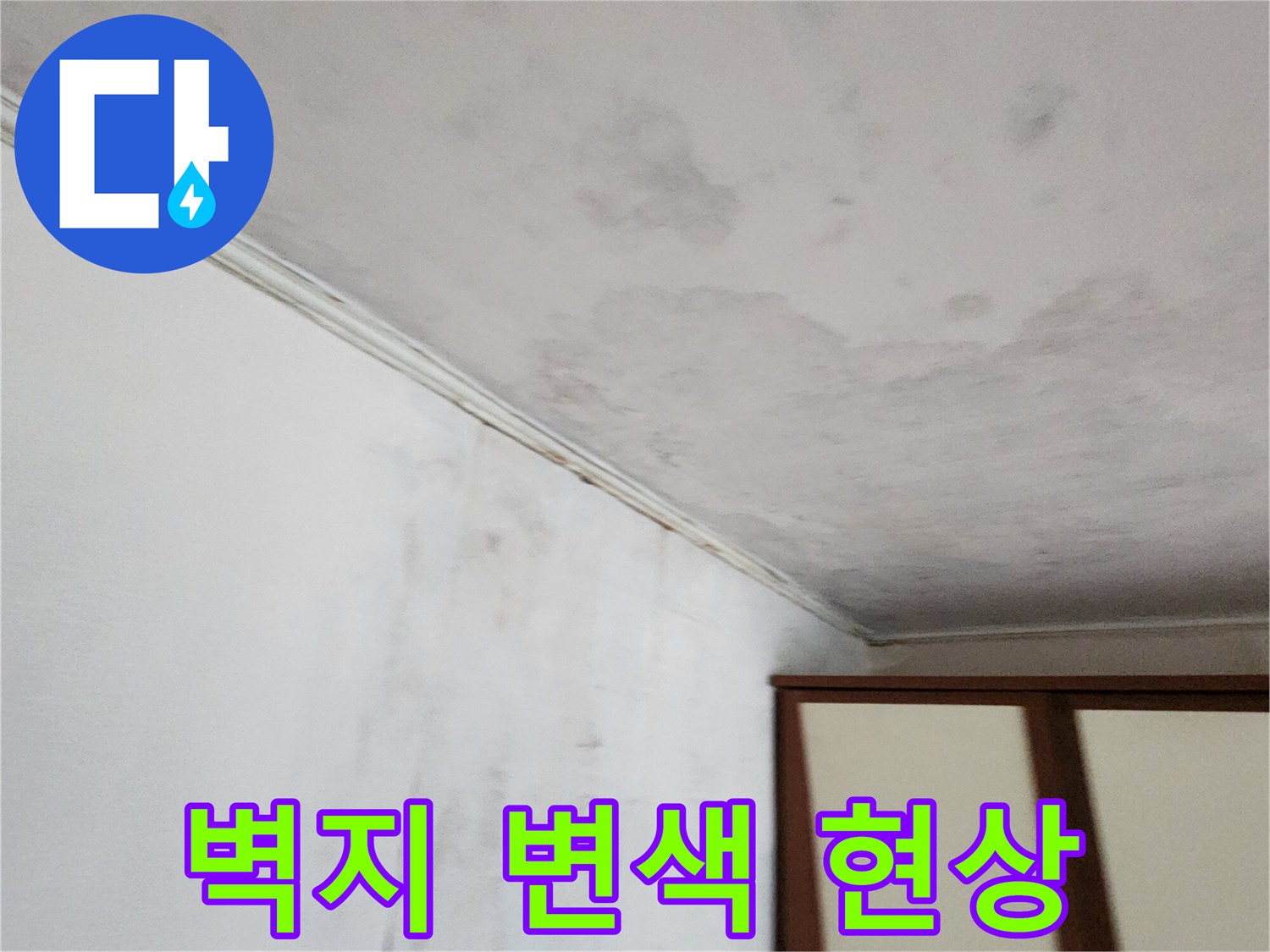 누수로 인해-변색된 천장 벽지 및 곰팡이 부위