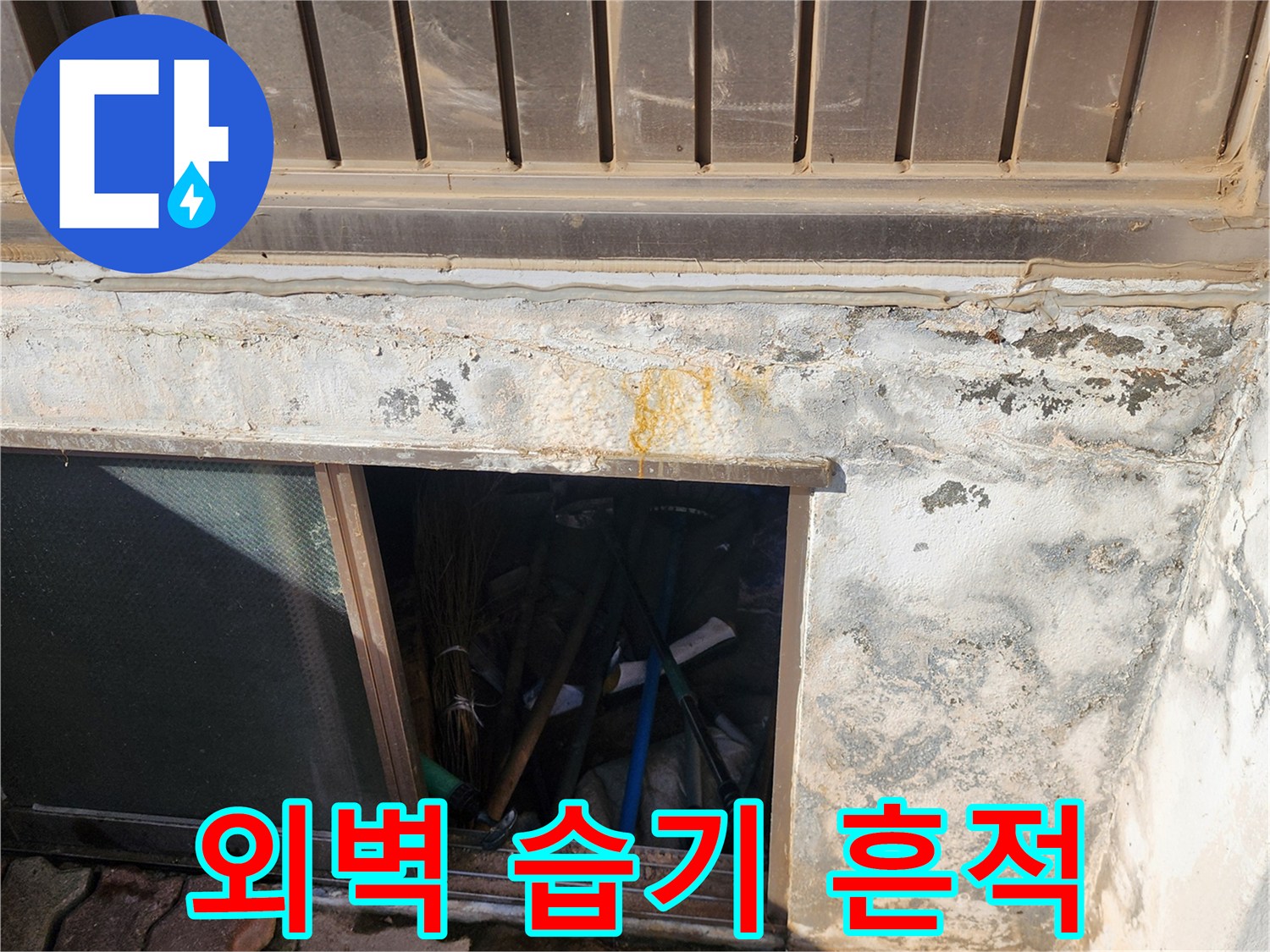 습기로 인해 눅눅해지고 변색된 건물 외벽 하단