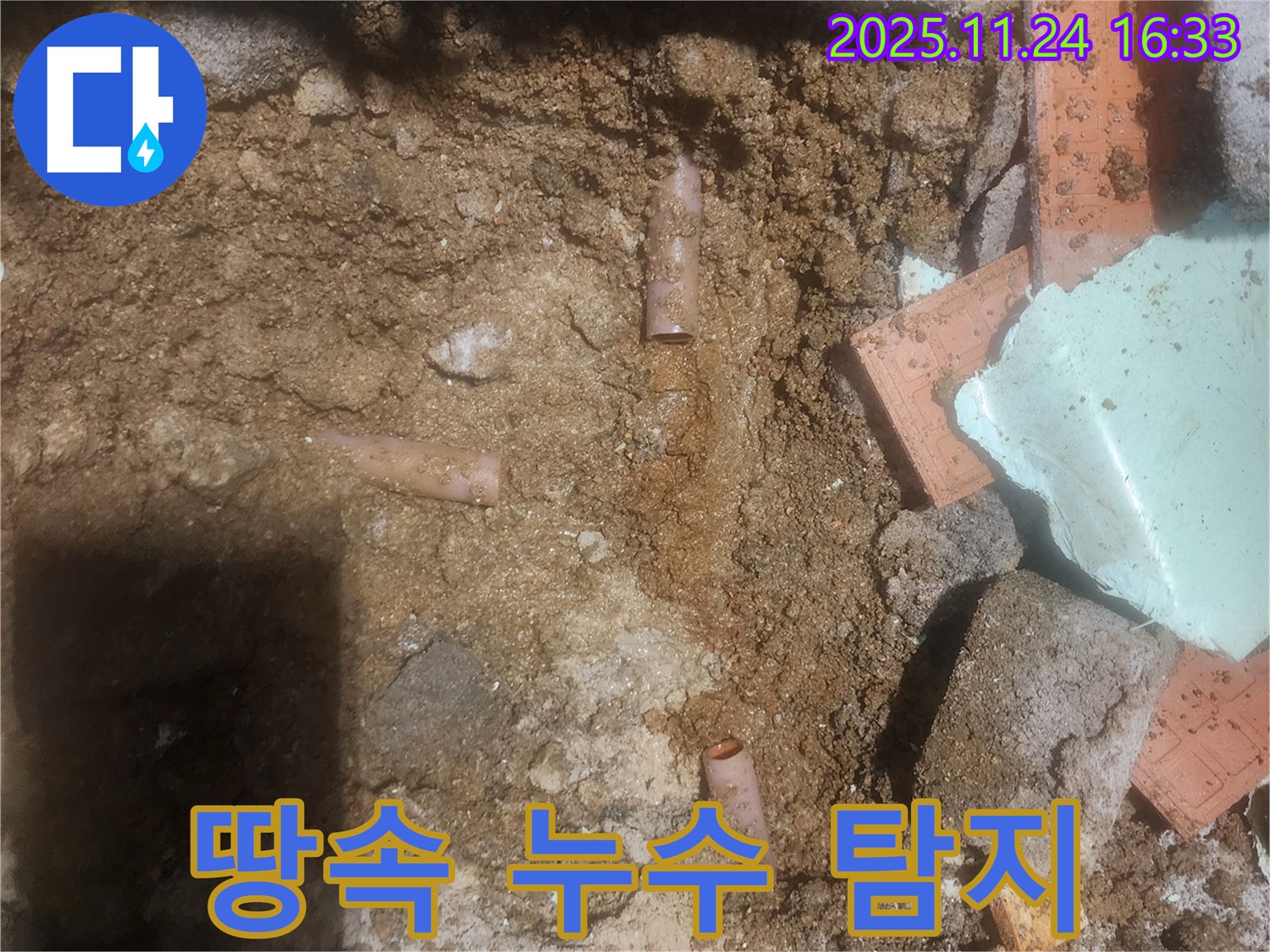 포천 가채리 누수 현장에서 땅속 누수를 탐지하는 모습 - 전문 장비로 정확한 위치를 찾아냅니다.