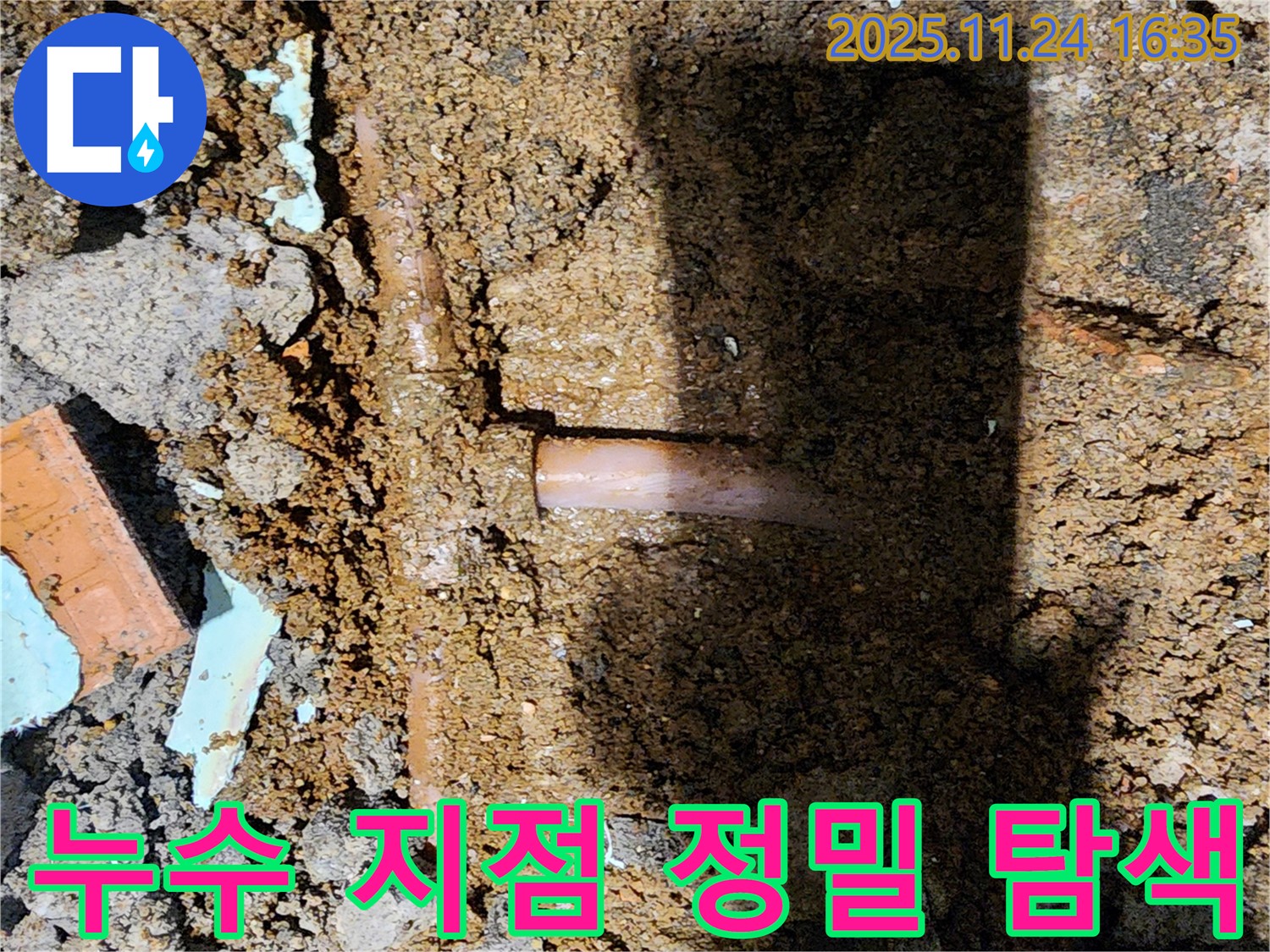 포천시 신북면 가채리 누수 현장 - 누수 지점을 찾기 위해 주변을 꼼꼼하게 탐색하는 전문가의 모습입니다.