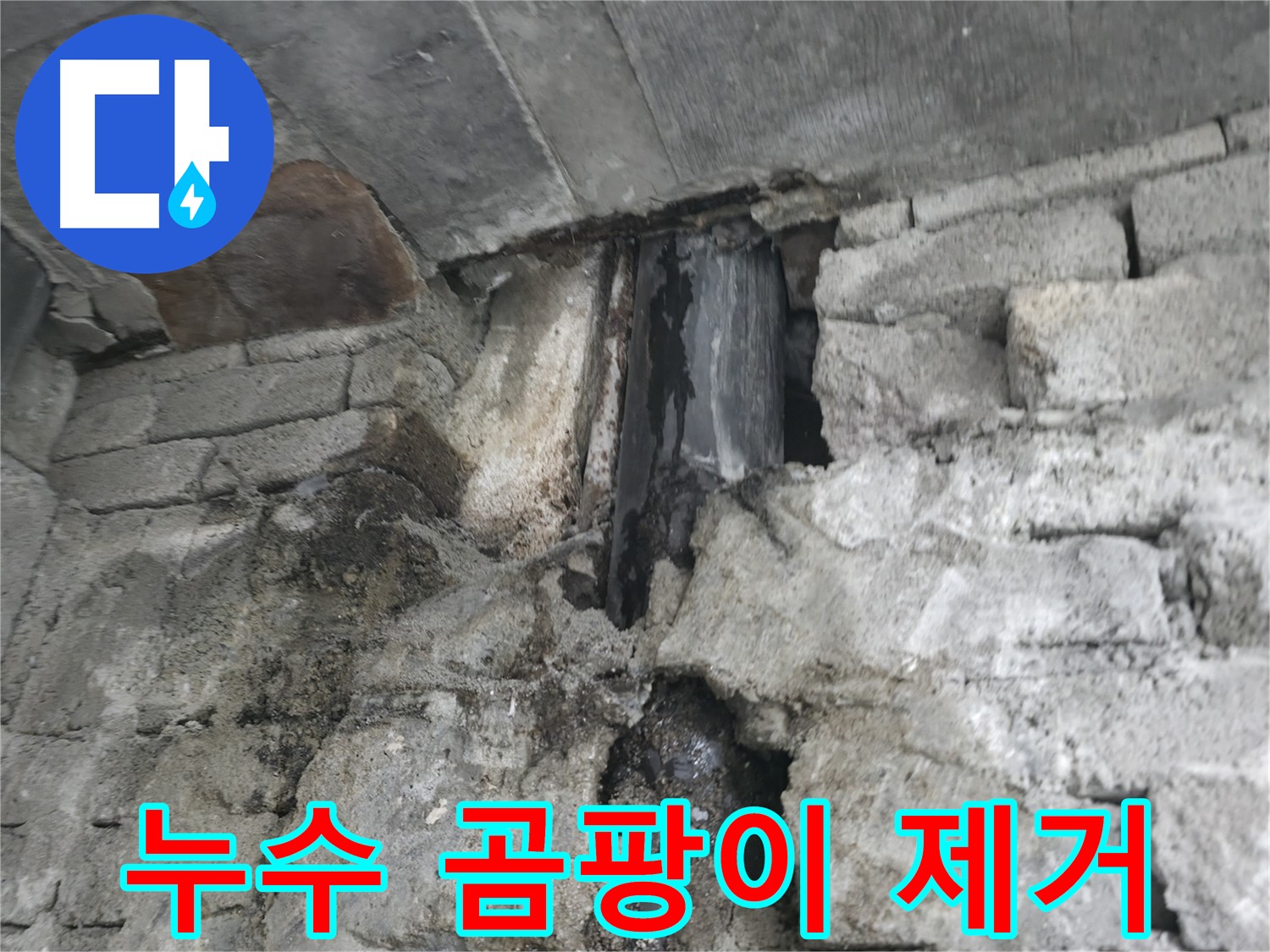 벽 내부 누수 - 벽 안쪽에서 물이 새어 나와 벽돌이 젖어 있는 모습입니다.