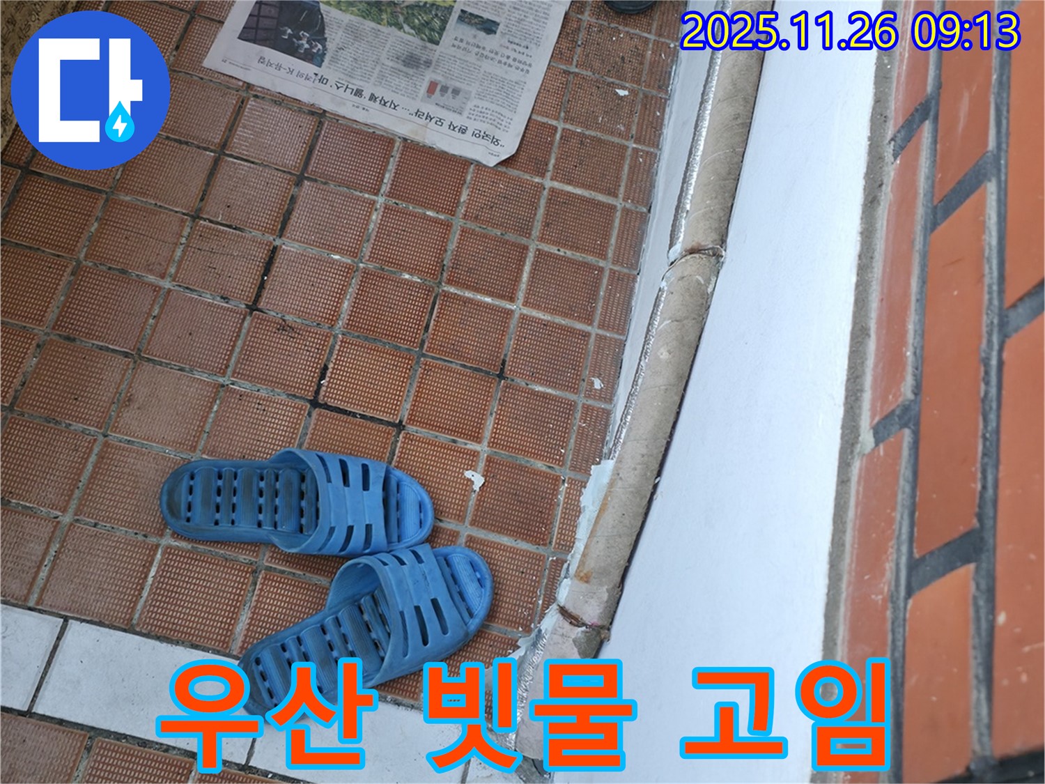 서초구 서초2동 누수 현장 - 현관 앞 우산 빗물 고임으로 인한 타일 변색 및 곰팡이 발생