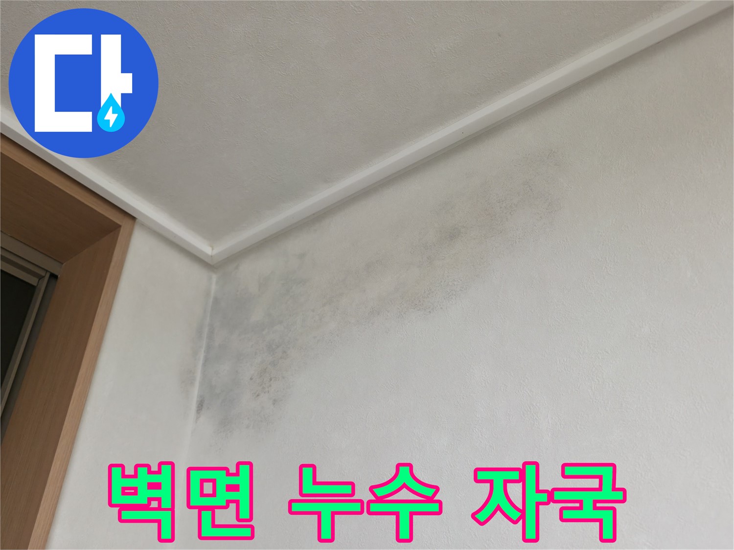 기흥역 아파트 누수 - 벽면에 넓게 퍼진 누수 자국과 곰팡이를 보여주는 사진