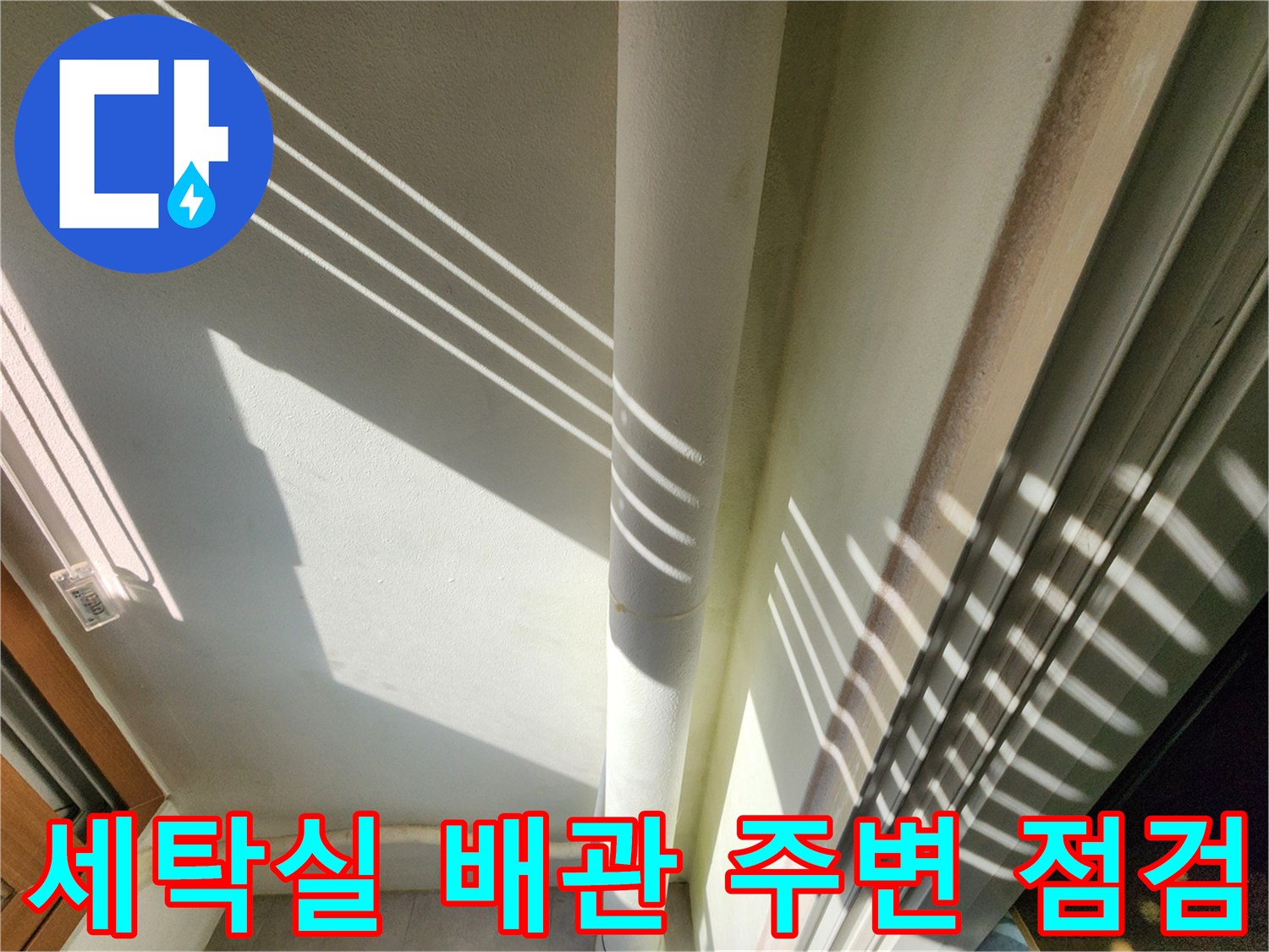 수직으로 내려오는 배관과 그 뒤쪽의 젖은 벽면 모습입니다.