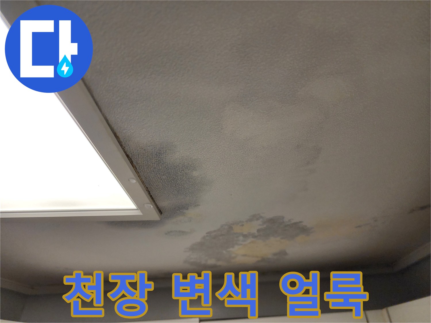 거실 천장 부위의 누수로 인한 심한 변색과 얼룩 상태