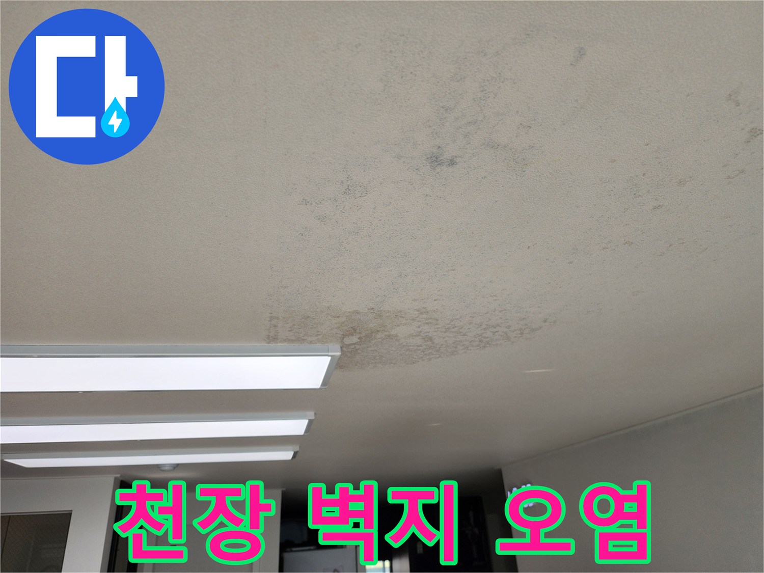 천장 벽지에 나타난 누수로 인한 물자국과 변색