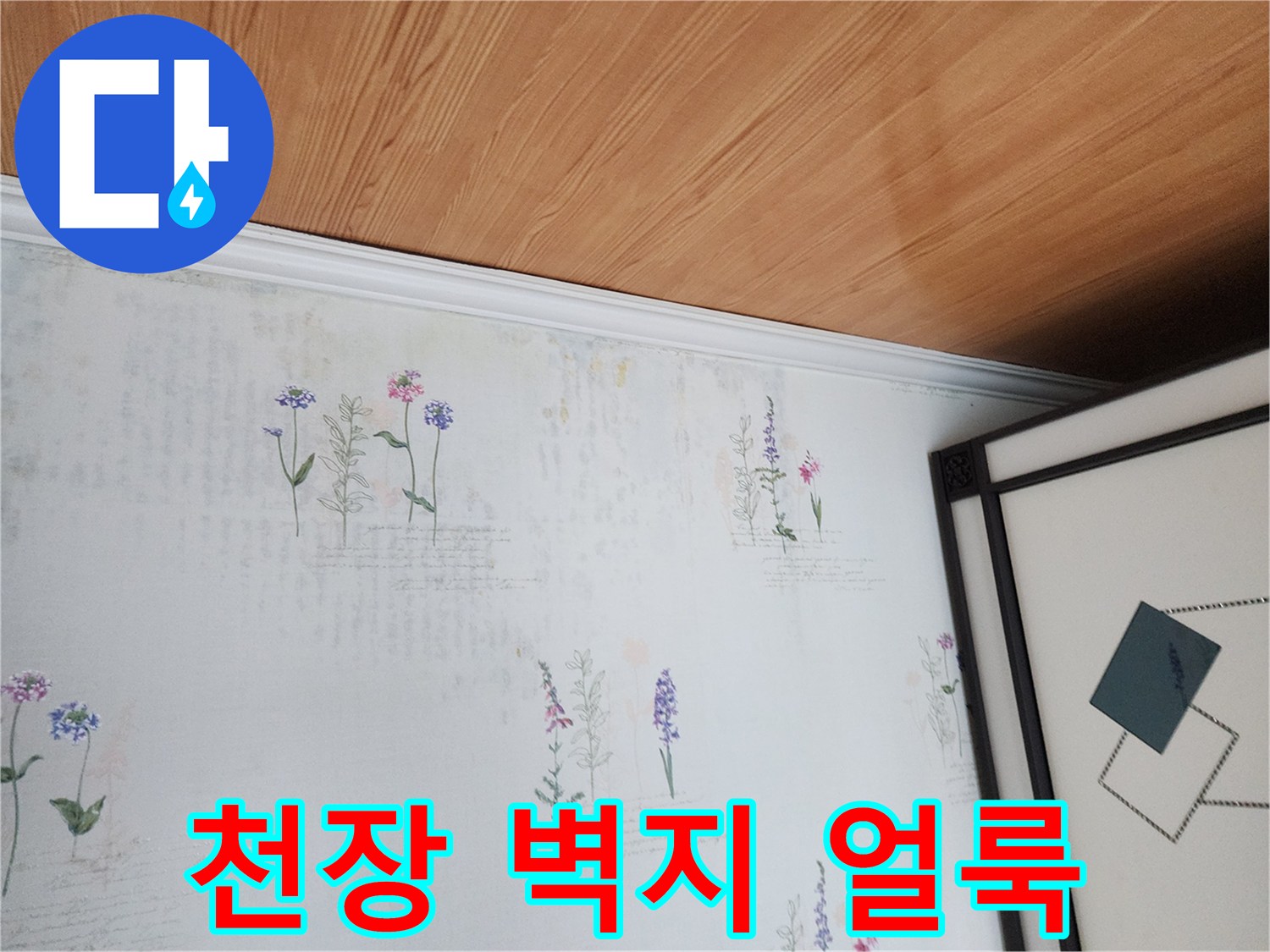 포천 영중면 현장의 천장 벽지 변색 상태를 보여주는 사진입니다.