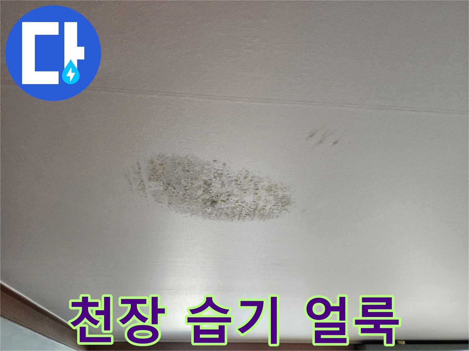 천장 마감 부위에 발생한 짙은 갈색의 누수 자국