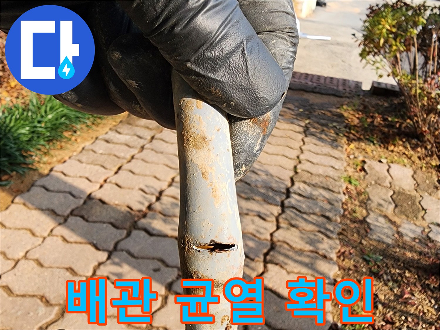 찢어진 배관의 파손 부위를 보여주는 현장 사진입니다.