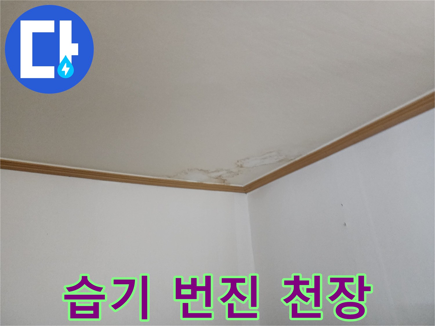 천장 벽면 상단에 나타난 습기 침투 및 변색 부위