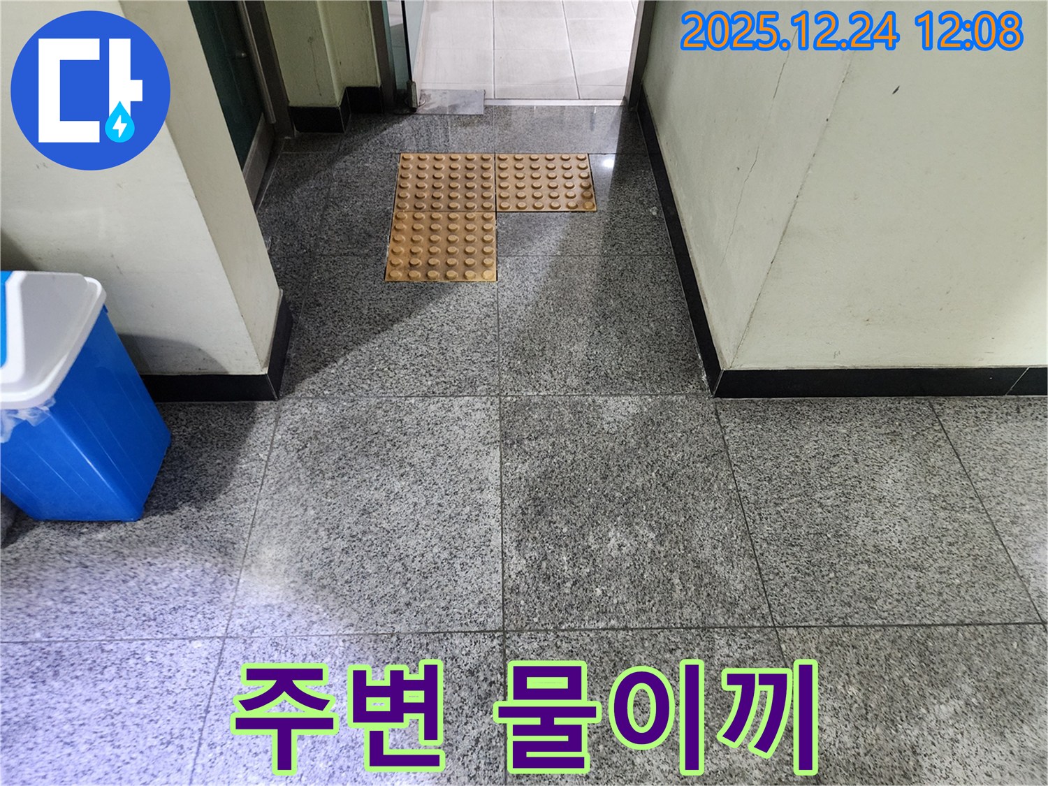 중계동 건물 점자 블록 주변 물이끼 - 누수와 미끄럼 사고에 주의하세요.