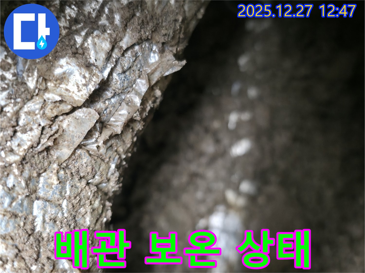 분당 야탑동 누수 현장에서 배관 보온 상태를 확인하고 있습니다 - 노후된 보온재는 누수의 신호! 꼼꼼한 점검으로 문제점을 찾아냅니다.
