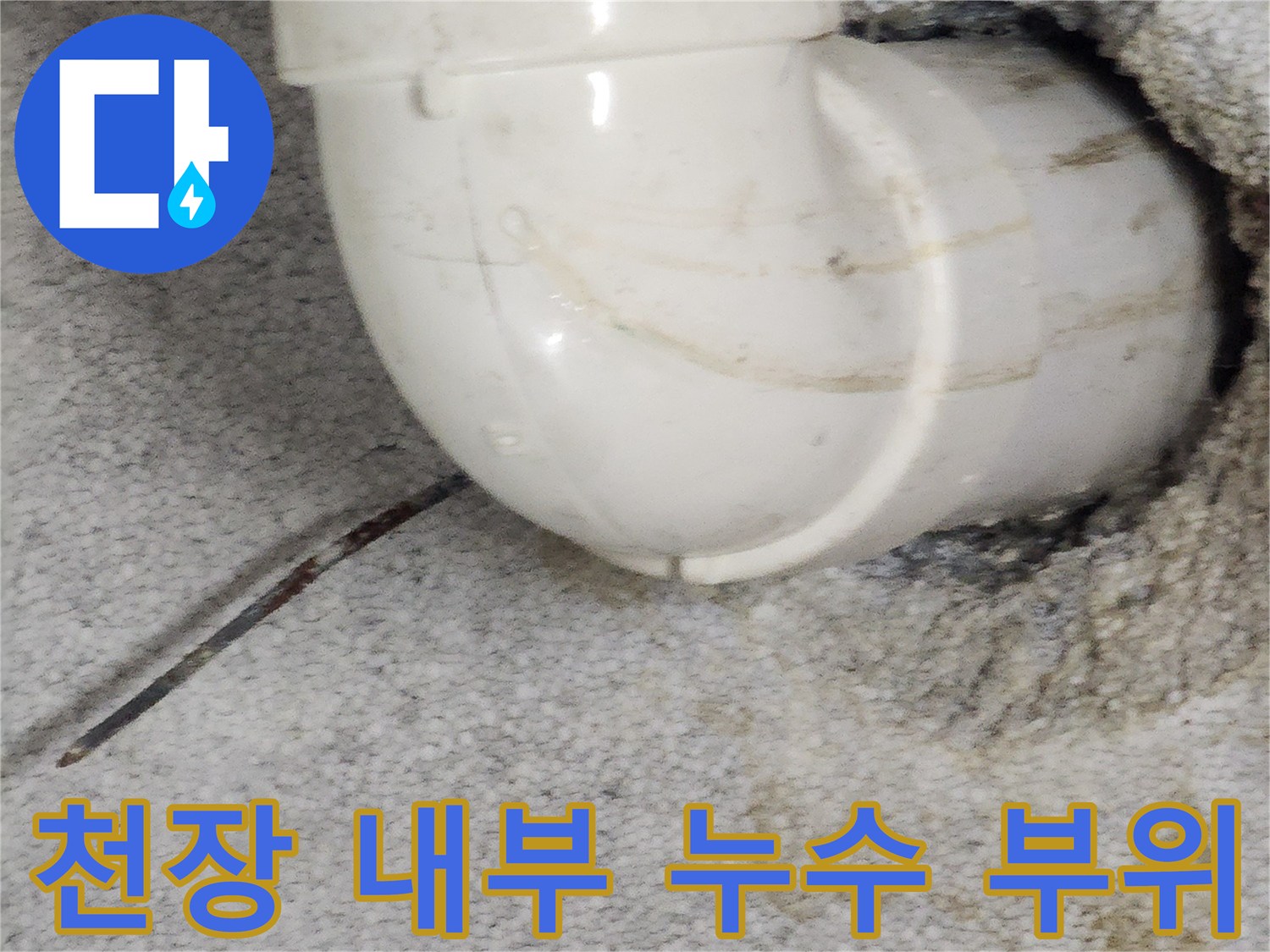 물기가 스며든 천장 구조물과 흰색 PVC 배관 사진입니다.