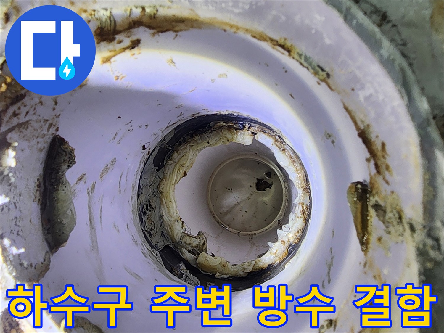 욕실 하수구 유가 주변의 깨진 방수층과 오염된 배관 상태를 보여주는 사진입니다.