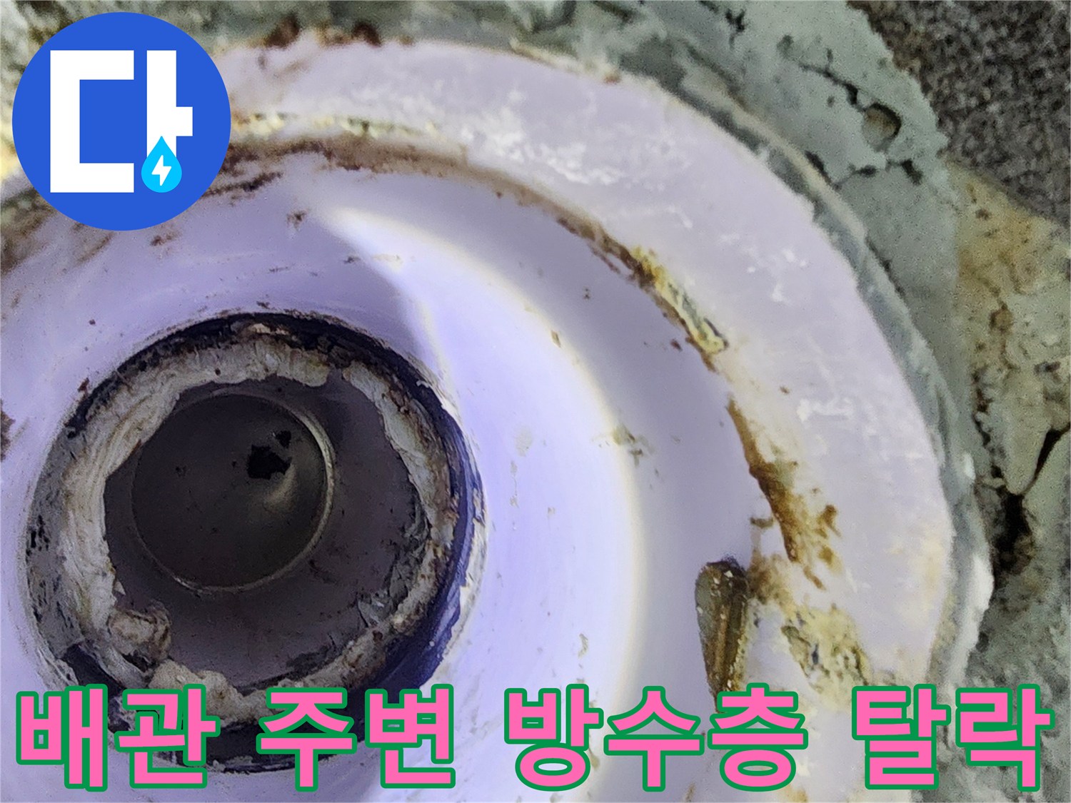 하수구 배관 주위의 부서진 마감재와 오염 상태
