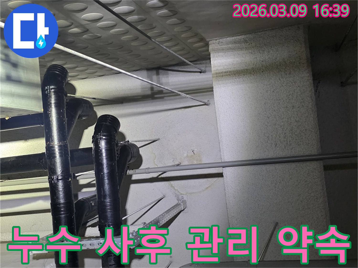 천장 배관에서-물이 새어-벽면에-얼룩이-생긴-모습을-확인하고-완벽한-사후 관리를-약속하는-현장 사진
