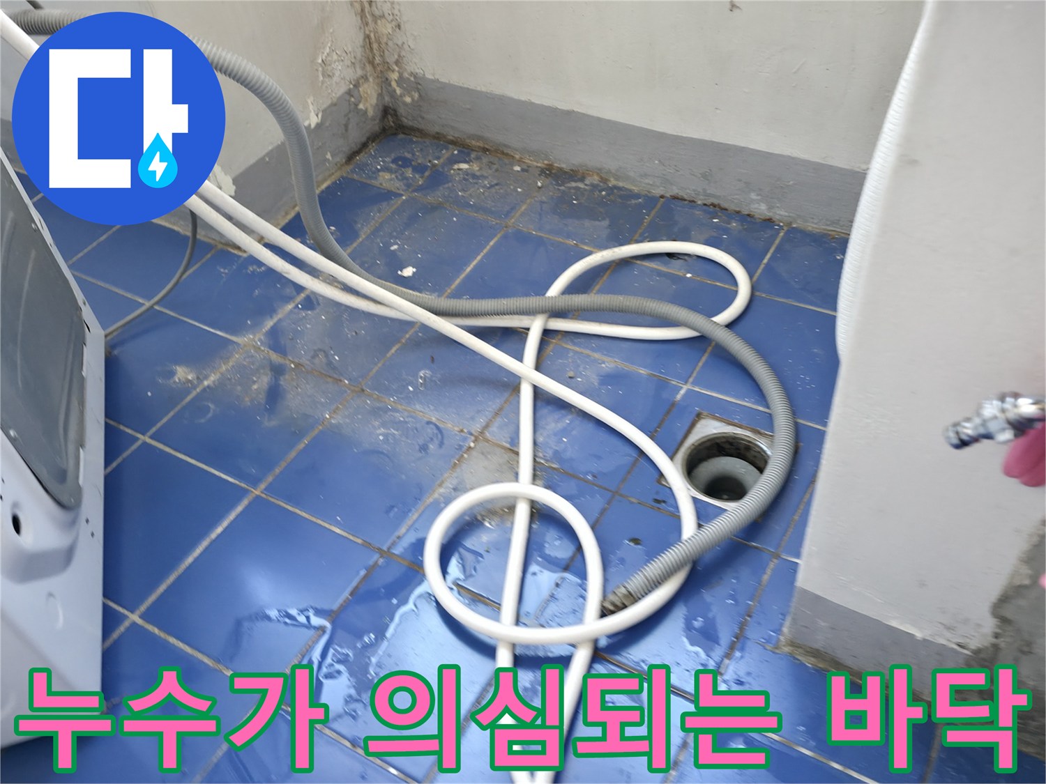 세탁실 하수구 주변의 젖은 타일과 노출된 배관 모습