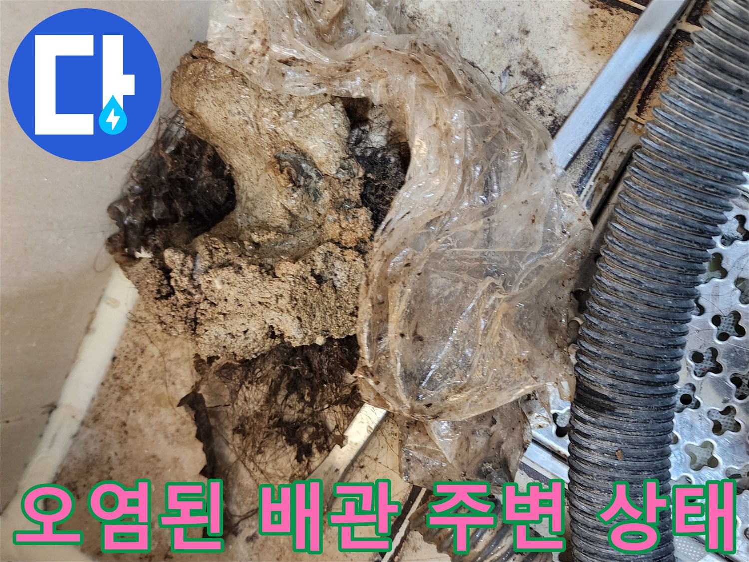 배수구 내부의 엉킨 이물질과 오염물