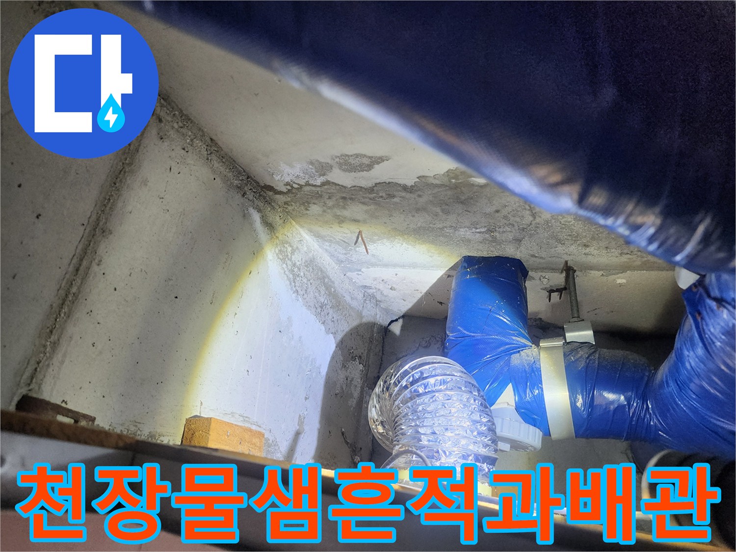 노원구 상계동 천장 콘크리트의 습기 젖은 흔적과 파란색 배관의 모습